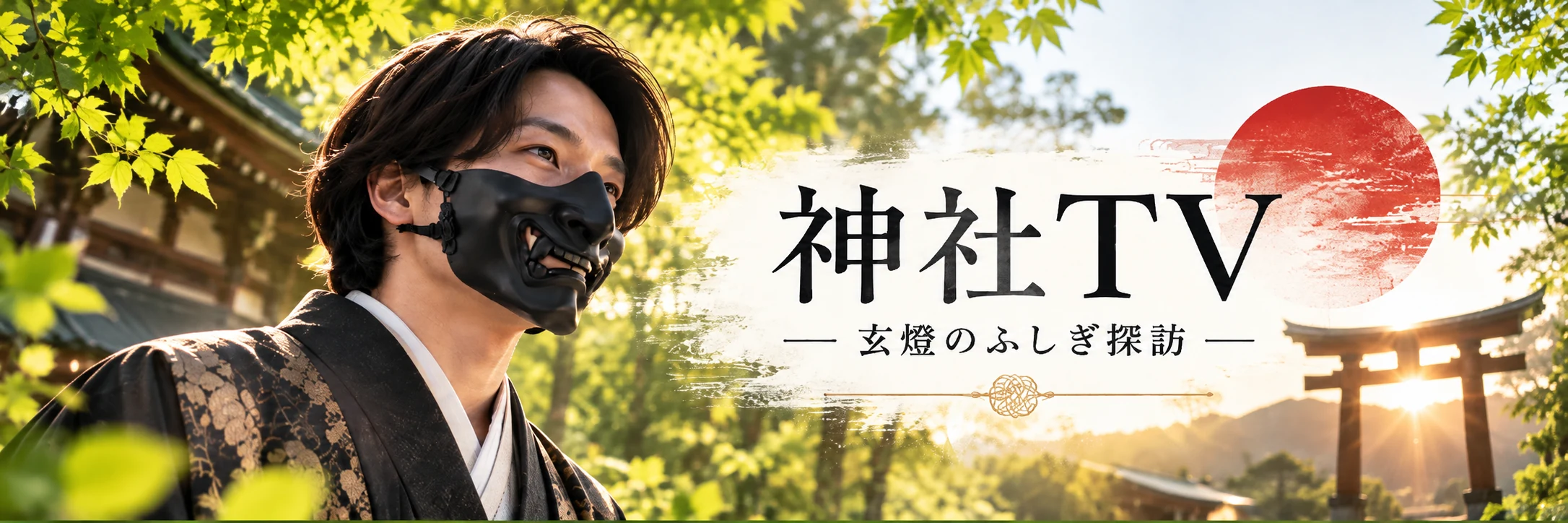 神社TV — 玄燈のふしぎ探訪 —。仮面と和装の玄燈、緑と鳥居を配した公式ヘッダー。