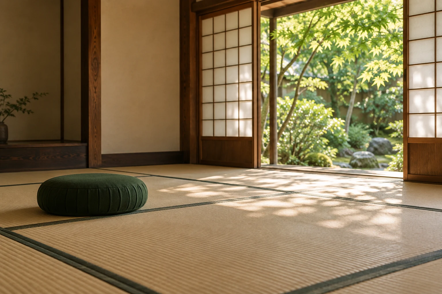 畳の部屋に座布団を置いた瞑想のイメージ